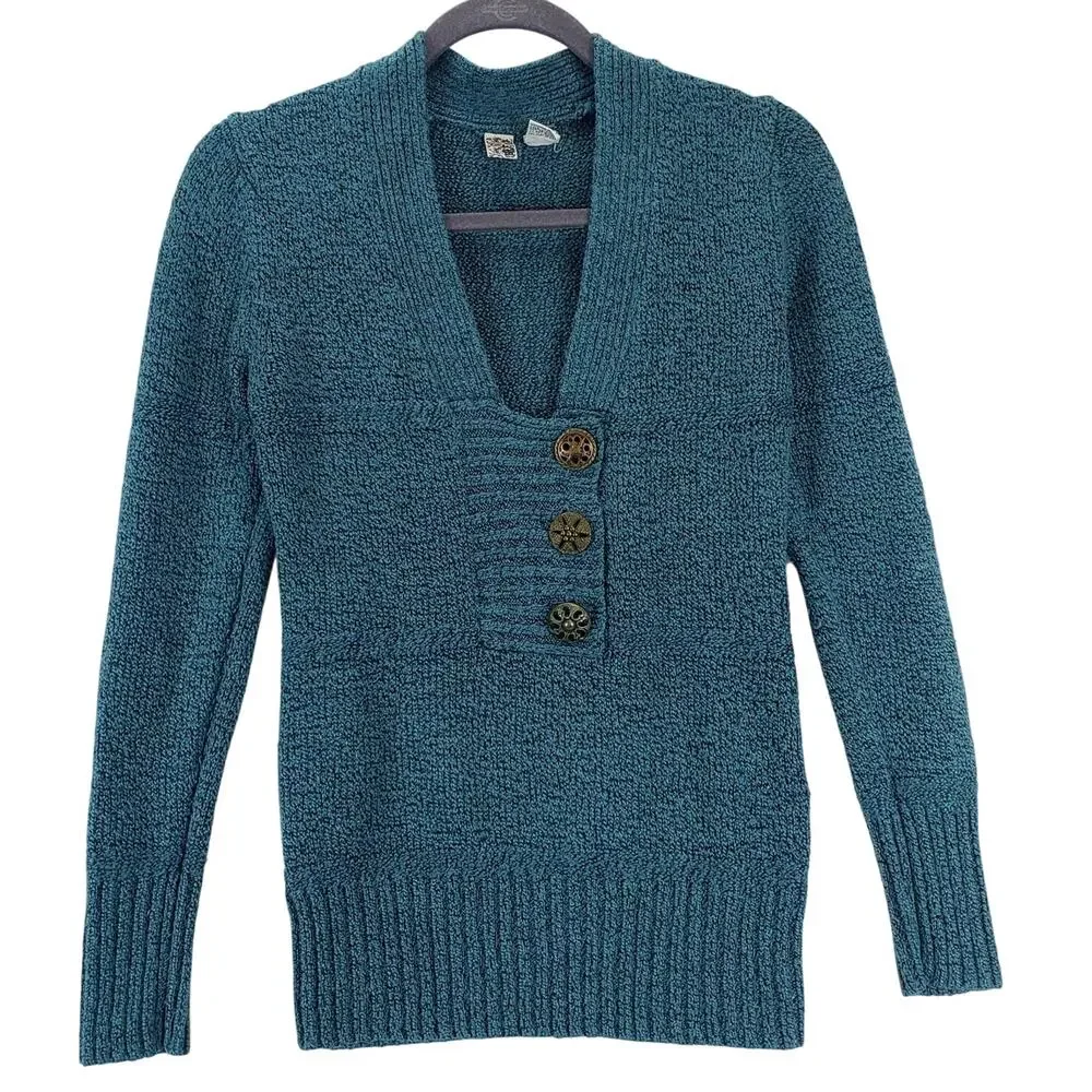 BKE Buckle Teal Cable Knit Sweater Sz M Square V Neck Pullover Casual Cozy Warm